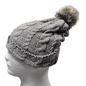 Heat Holders Beanie Hat OS Gray Cable Knit Faux Fur Pom Winter Warm Lined Cozy